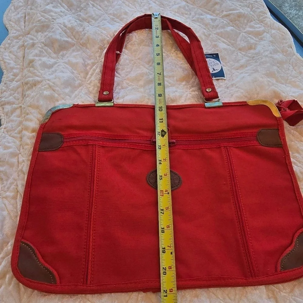 Holiday Fair‎ Red Canvas Briefcase Genuine Leather Trim Vintage